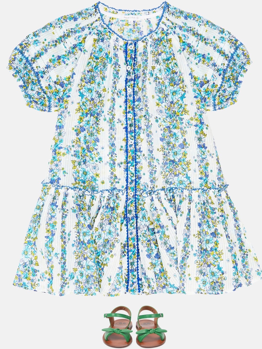 Poupette St Barth White Floral Blue & Green Puff Sleeve Nightgown
